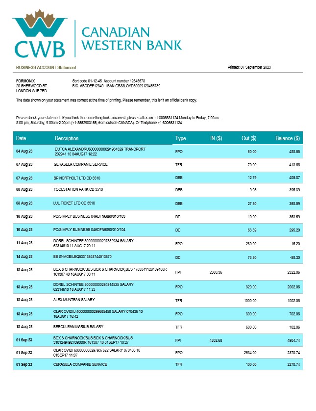 Modèle Word et PDF de relevé de compte d'entreprise de la Banque canadienne de l'Ouest